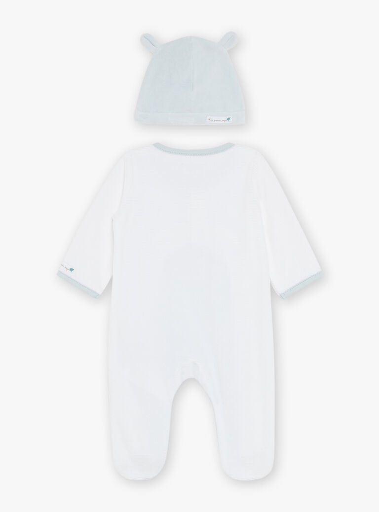 Ensemble pyjama avec bonnet en velours écru et bleu ciel