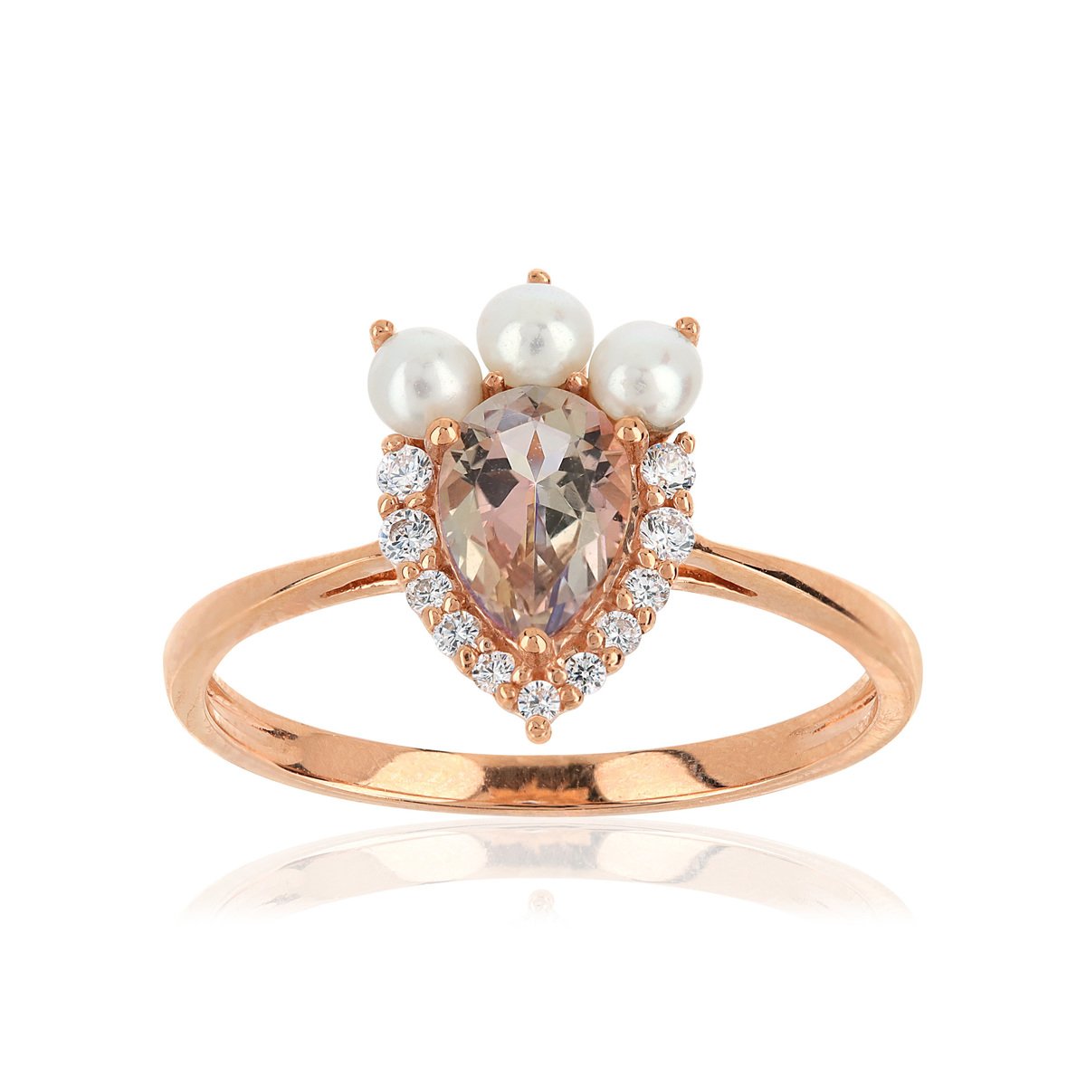 Bague or 375 rose topaze zirconia et perle