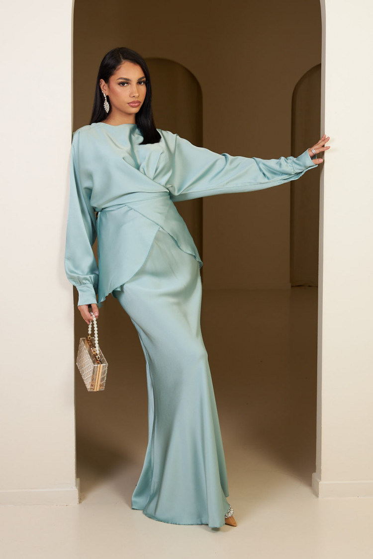Ensemble 2 pièces top + jupe en satin turquoise