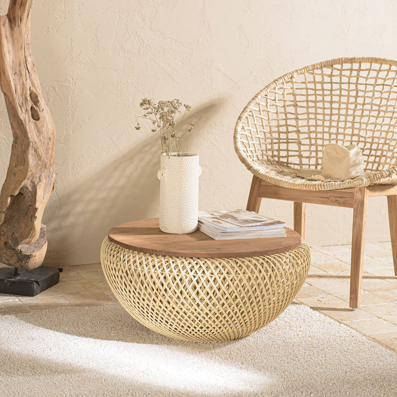 Macabane Table basse ronde en rotin beige plateau amovible Sixtine naturel - D.65x32 cm