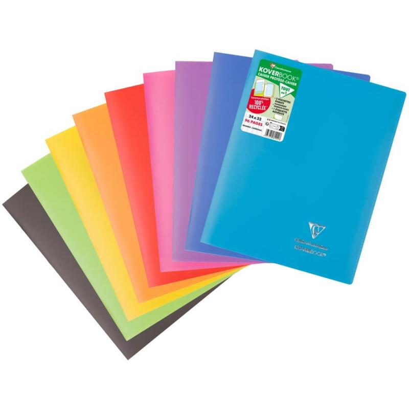 Cahier piqué Koverbook 24x32 cm 96 pages grands carreaux couverture polypropylène opaque 100% recyclé - Assortis