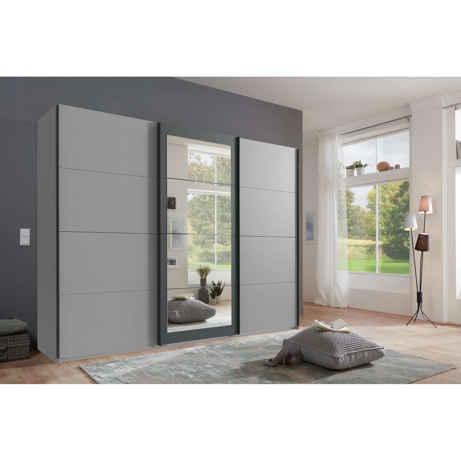 Schwebetürenschrank Minden Dekor grau/graphit 270 x 210 x 64 cm, mit Spiegel