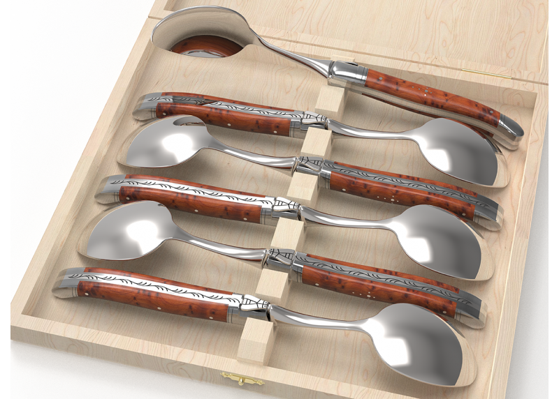 Service de 6 petites cuillères Laguiole avec un manche en loupe de thuya et mitres en acier inoxydable