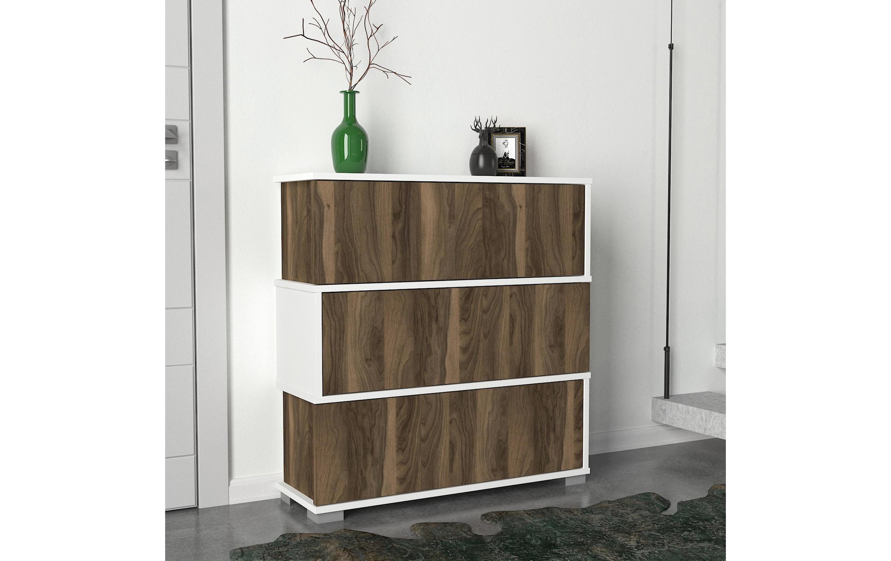 Schuhschrank Napolyon 90 x 93 x 30 cm, Walnuss/Weiss<br>Schuhorganizer