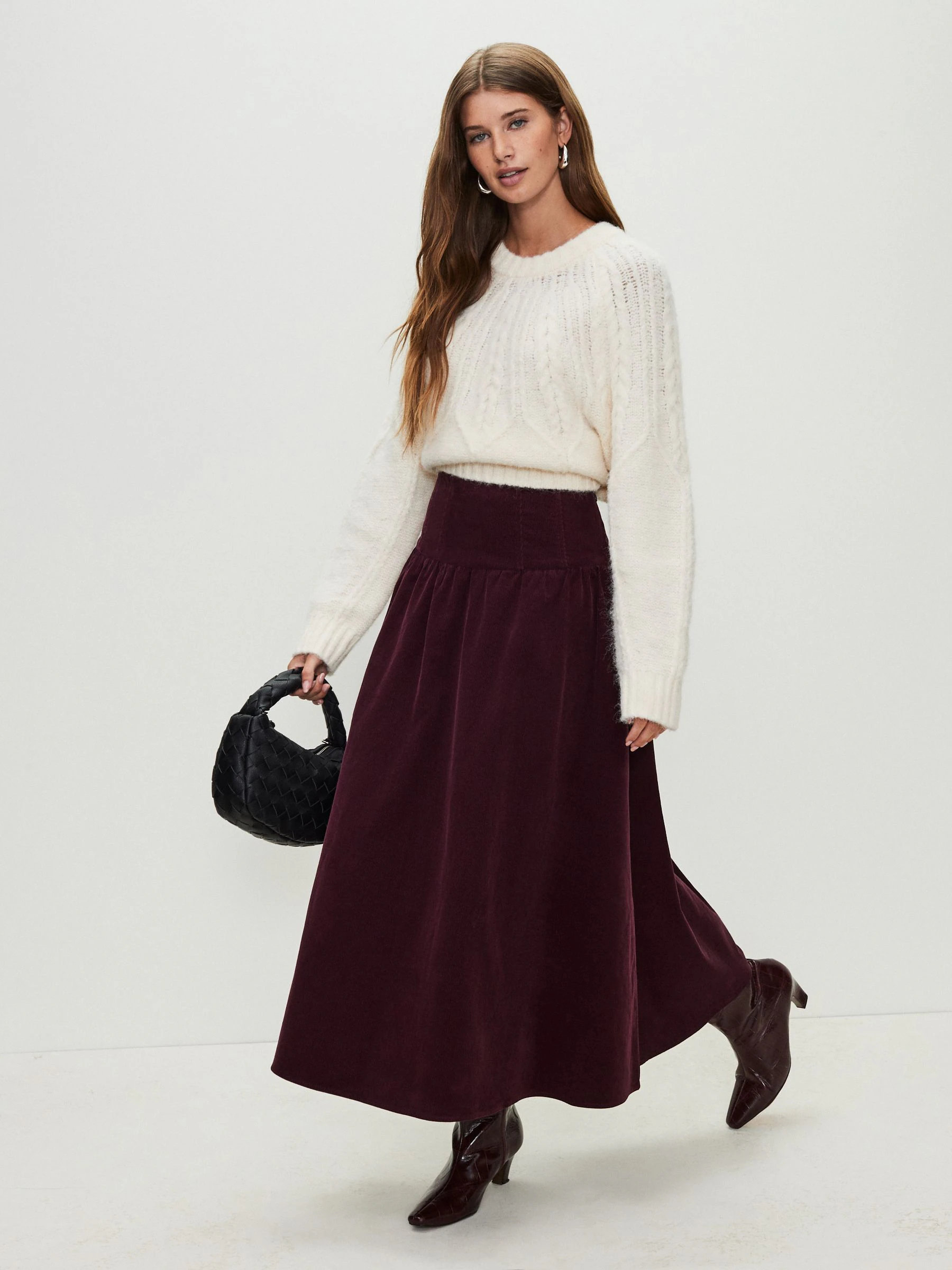 Bordeauxrood - Midi rok van corduroy met verlaagde taille