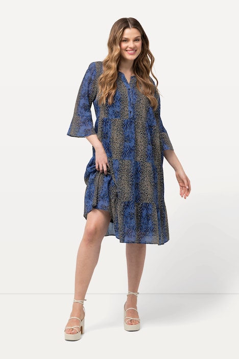 Midikleid, A-Linie, Tunika-Ausschnitt, 3/4-Volantärmel