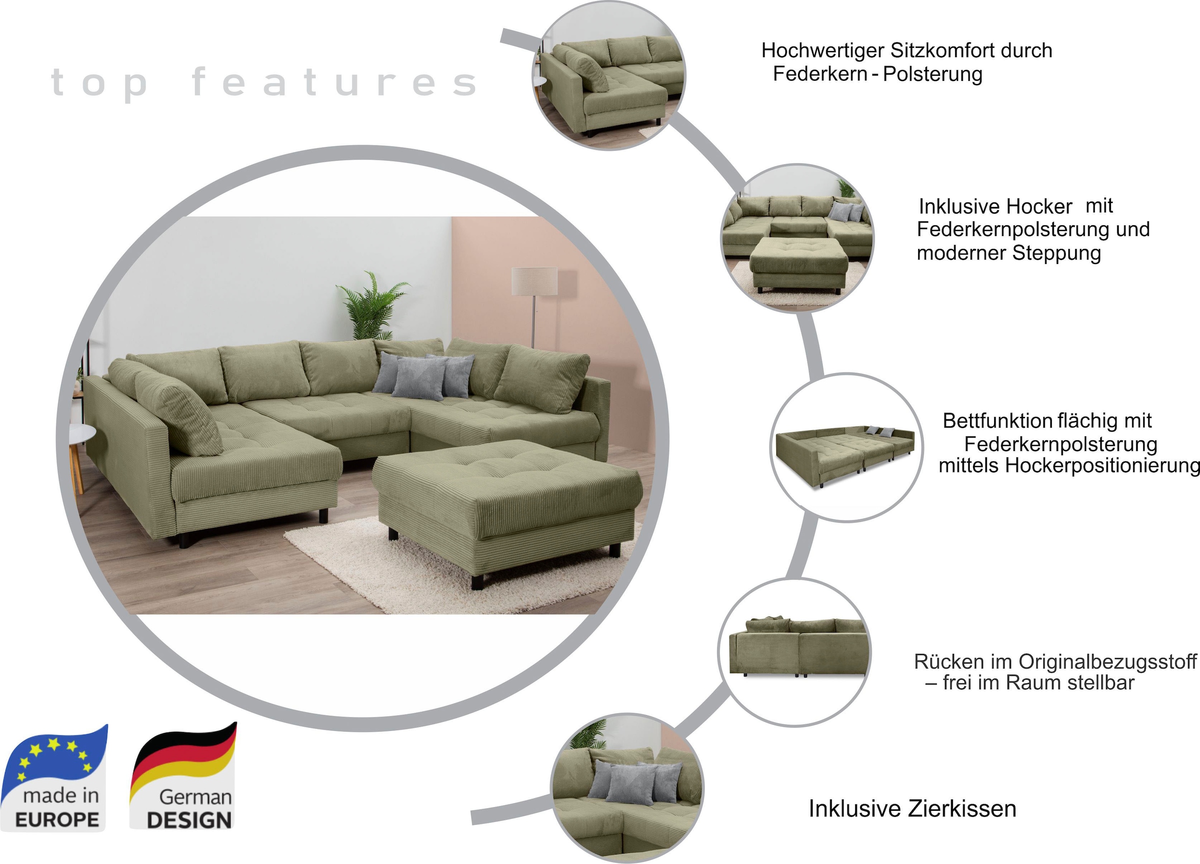 COLLECTION AB Wohnlandschaft »Toni U-Form, B: 298 cm« mit Hocker & 3 Zierkissen, Federkern