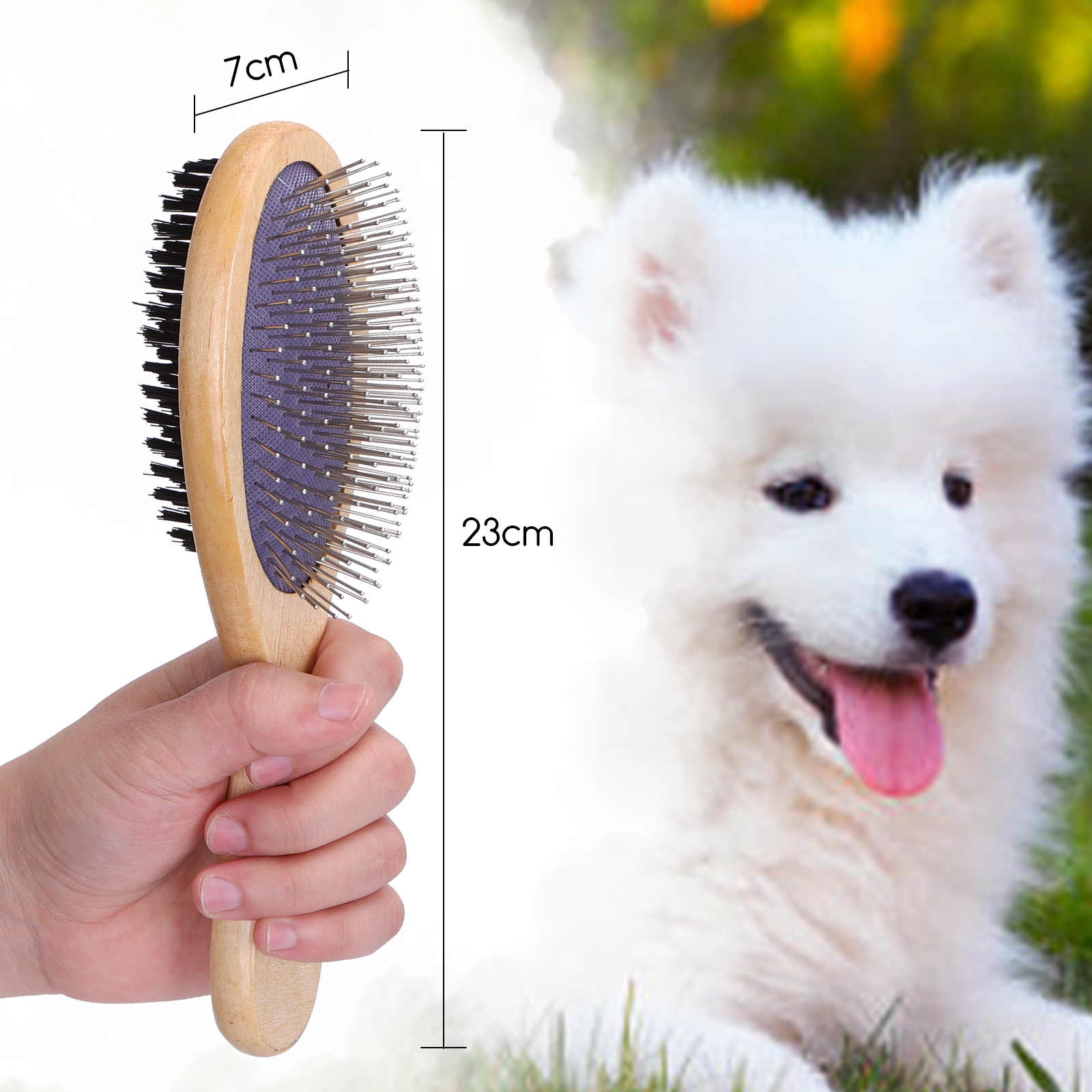 Escova dupla Nobleza para cães e gatos, 2 em 1, escova de higiene de dupla face, pente profissional de bambu para animais de estimação, escova de massagem desembaraçante com cerdas para pelos longos e curtos.