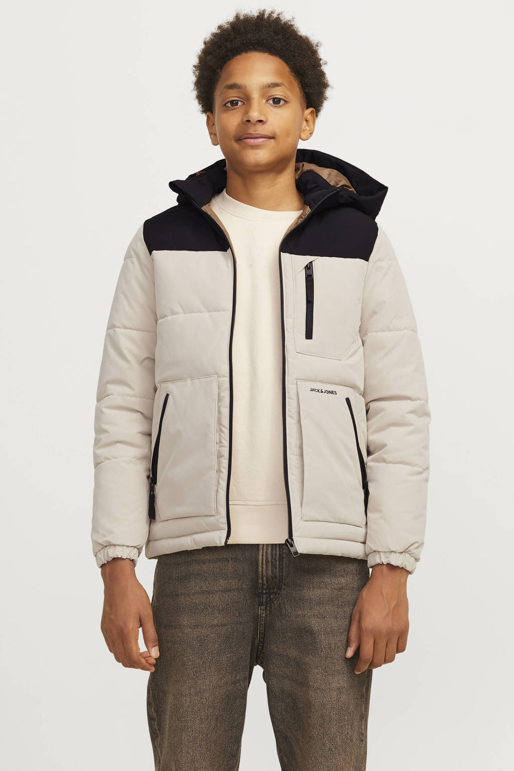 JACK & JONES gewatteerde winterjas JJEOTTO ecru/zwart