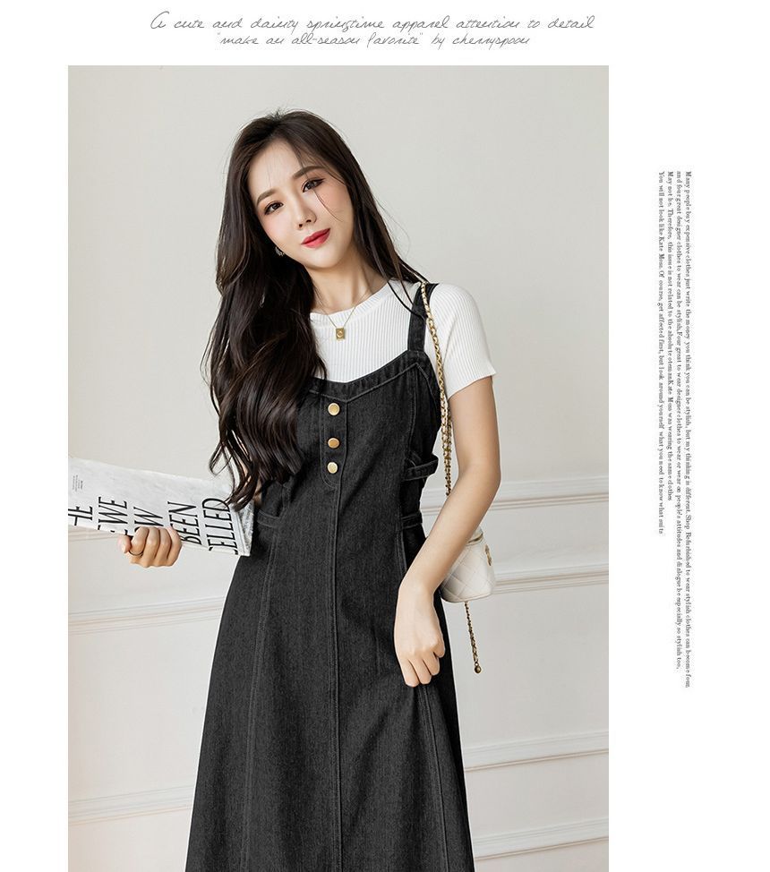 Hanji - Spaghettiband denim overall midi A-lijn jurk