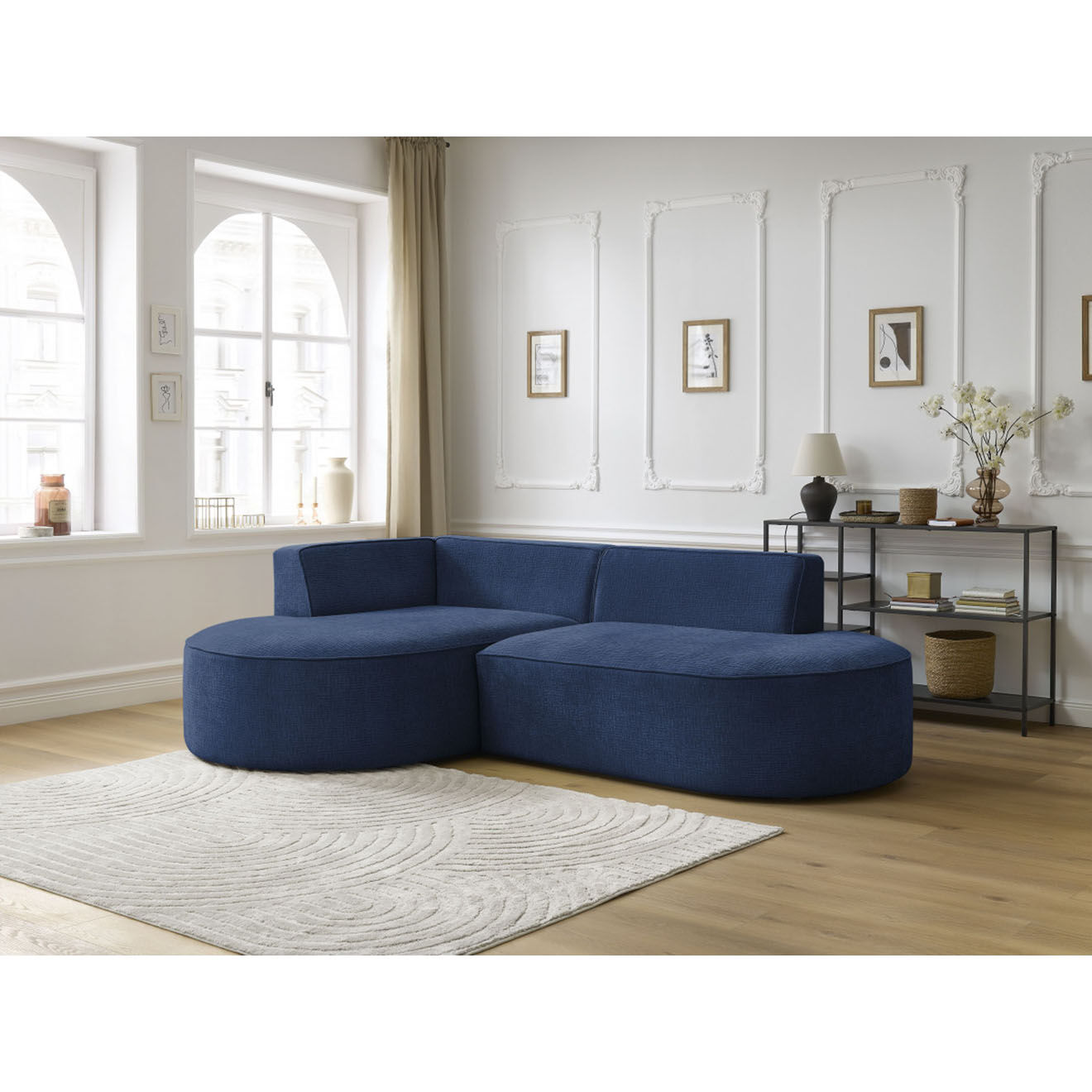 Bobochic Canapé d'angle droit fixe 4 places Rousseau texturé bleu foncé - 250x160x72 cm