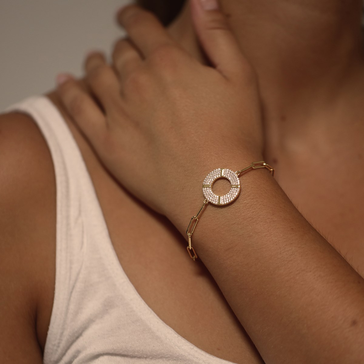Bracelet Chaine Argent Doré Rond Serti De Zirconiums Blancs