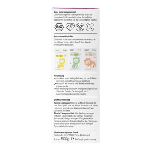 Löwenzahn Organics Bio Anfangsmilch 0+ Monate Ziegenmilch
