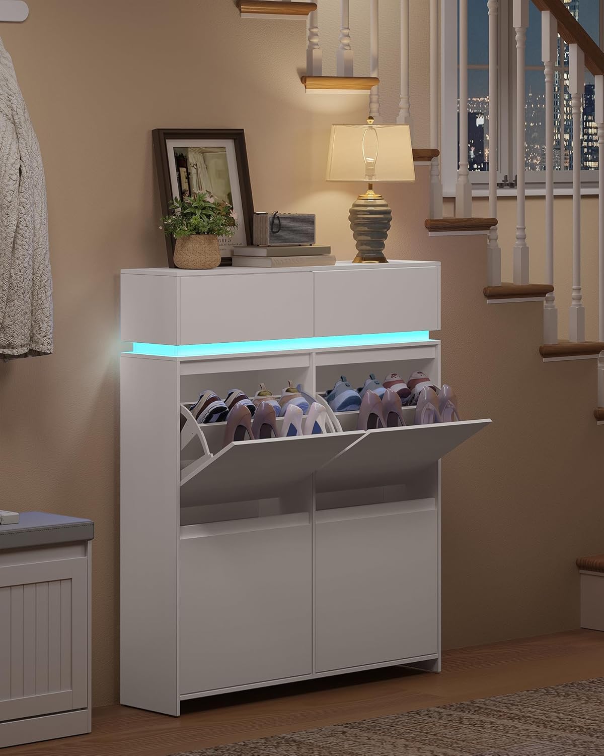 Hzuaneri Schuhschrank, Schuhkipper Schmal mit LED-Leuchten, Schuhregal, Verstellbare Regalböden, 20 Paar, 4 Klappen(100B cm), Schuhaufbewahrung für Eingang, Flur, Weiß SR53603XEU RI7557529