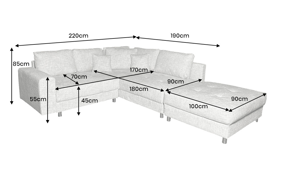 Moderne Wohnlandschaft KENT 220cm grau Strickstoff Ecksofa inkl. Hocker und Kissen