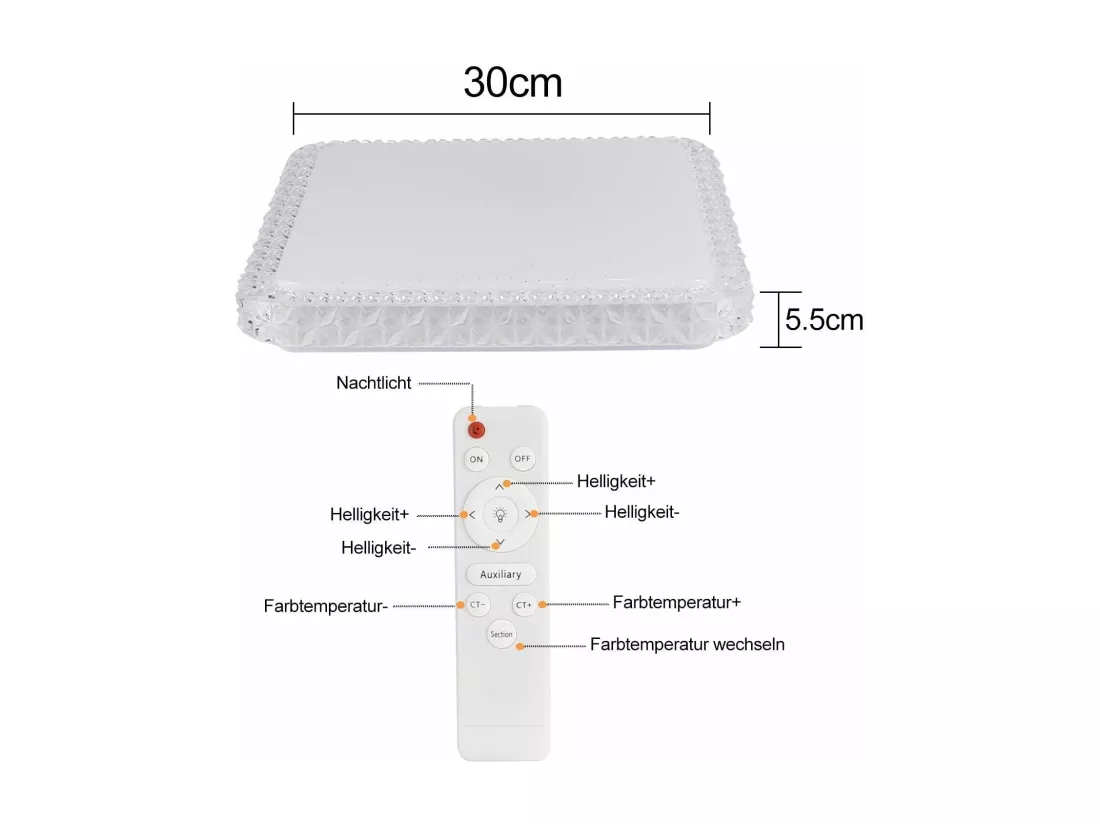 NETTLIFE Plafonnier LED Cuisine Salon Moderne Carré 30CM Cristal Ciel Étoilé Design Dimmable avec Télécommande Blanc Petit pour Salon Couloir Bureau