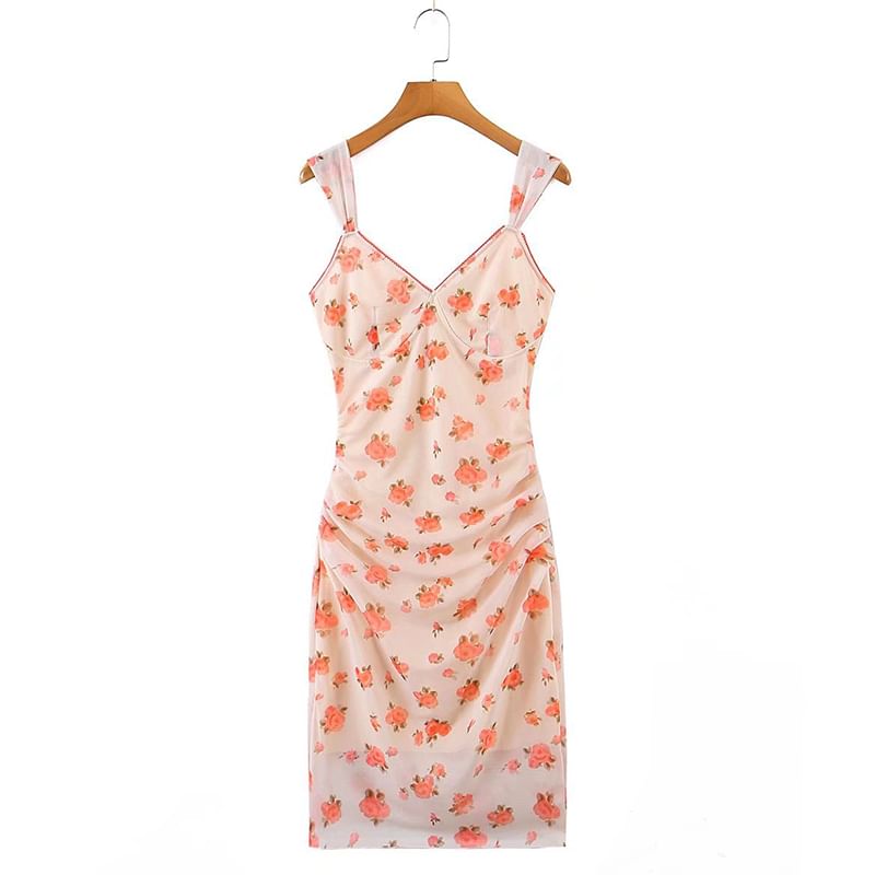 SugaYuja - Mouwloze bloemen midi bodycon jurk