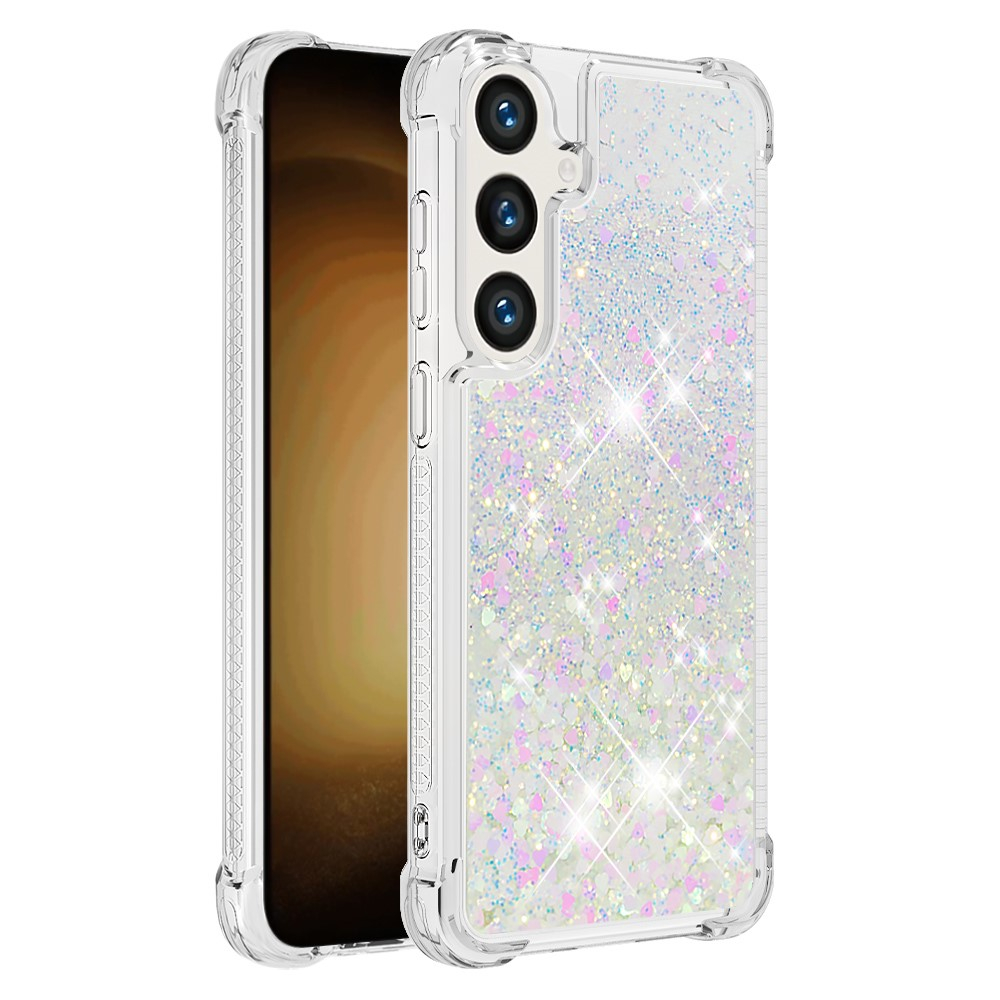 Samsung Galaxy S24 Hardcase Hülle mit Air Cushion Fallschutz Liquid Case Glitzer Herzen - Silber / Transparent