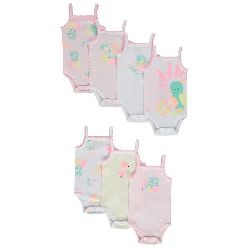 Lot de 7 bodies débardeurs motifs oiseaux tropicaux pour bébé fille - Blanc