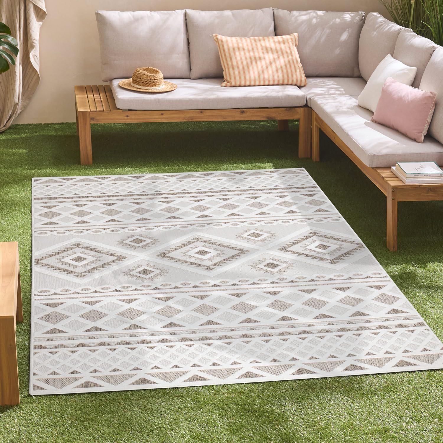 carpet city In-& Outdoor Teppich - 240x340 cm - für Innen-& Außenbereich - Wetterfest Balkon-Teppich, Terrasse, Flur, Küche - Wohnzimmer-Teppiche - Hochtief/ 3D-Effekt - Ethno-Look in Creme