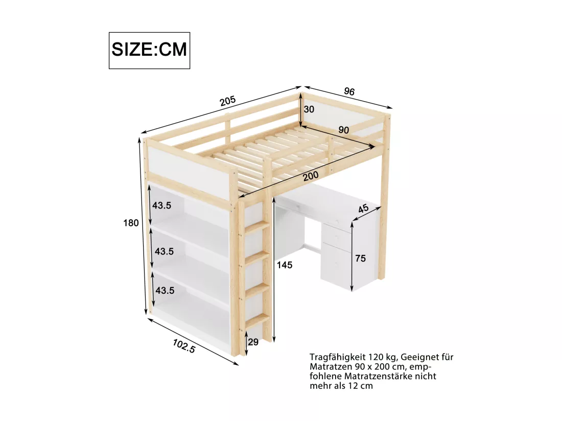 Lit mezzanine 90 x 200 cm avec armoire de rangement et bureau d'ordinateur - bois massif et MDF - naturel et blanc (sans matelas)