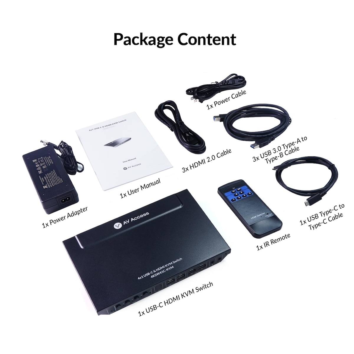 AV Access 4K USB-C og HDMI KVM-svitsj 4 PC-er 1 skjerm, 60W lading for bærbar PC