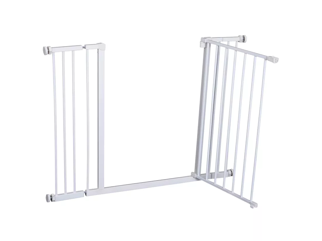 Barrière de sécurité longueur réglable dim. 76-107l x 76H cm sans perçage métal plastique blanc