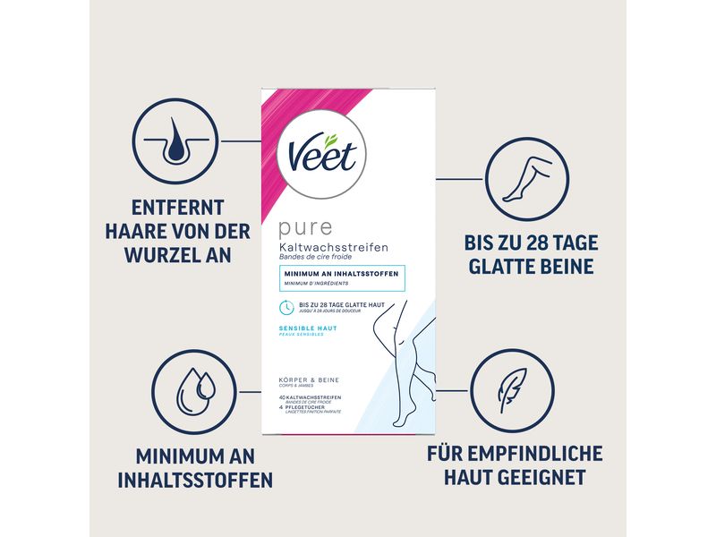 Veet Kaltwachsstreifen Körper und Beine Sensible Haut 40 St Praktische Kaltwachsstreifen mit spezieller Gel Formel und Mandelöl