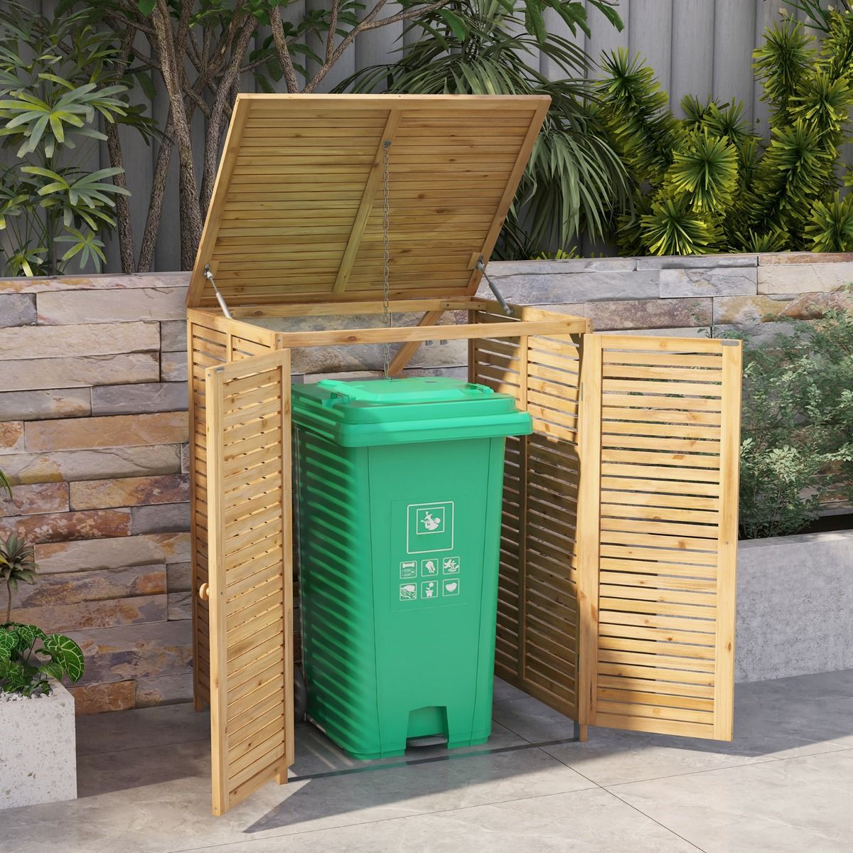 Abri à Poubelle en Bois de 120 L Abri pour Outils d'Extérieur avec Couvercle Ouvrable Doubles Portes Loquet de Verrouillage Naturel - Lidl-Manfred