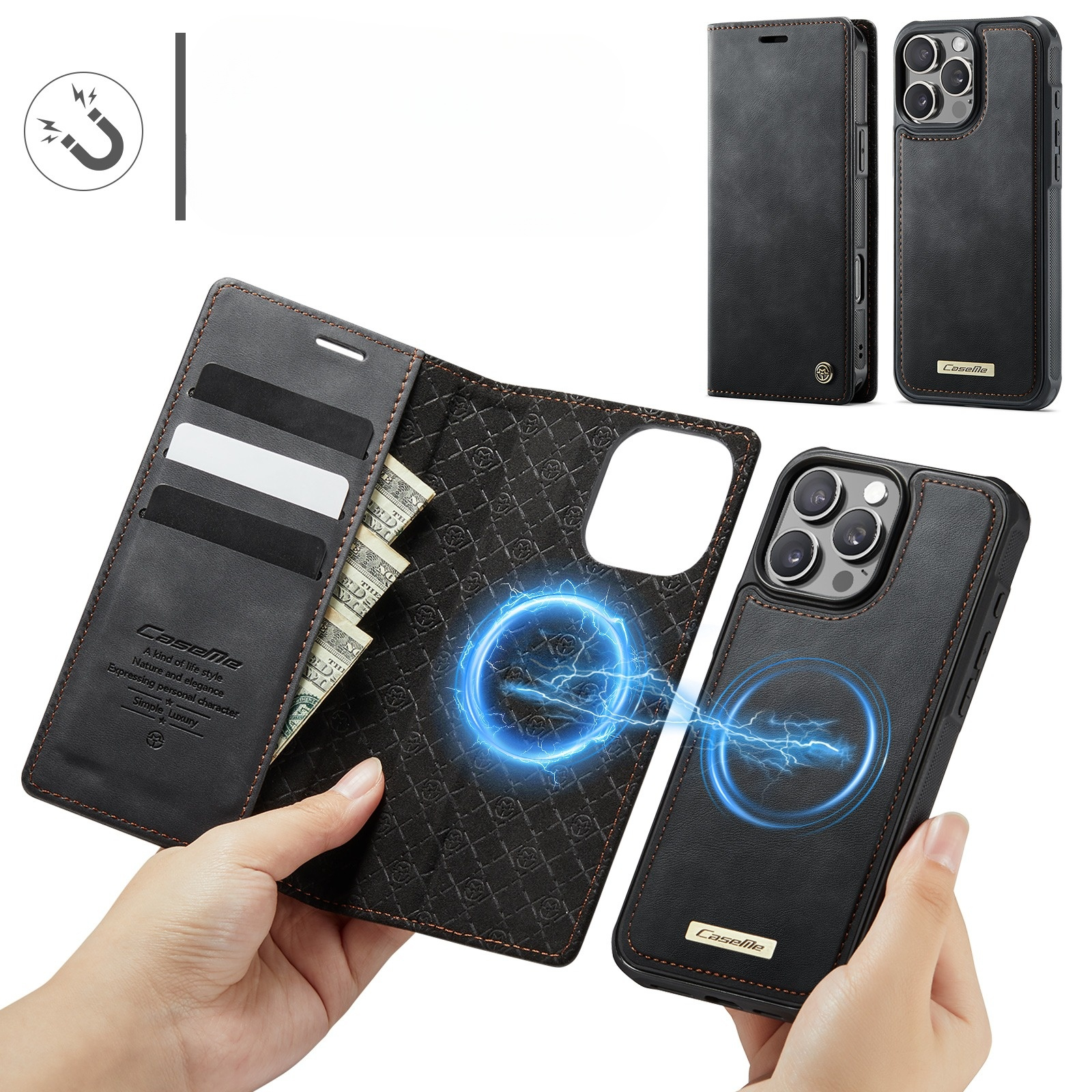 iPhone 16 Pro 2in1 MagSafe Leder Tasche   Magnet Hardcase Karten Etui (RFID Schutz) - Schwarz