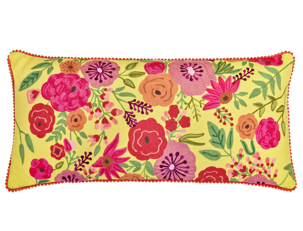 Coussin brodé fond jaune-Floralies