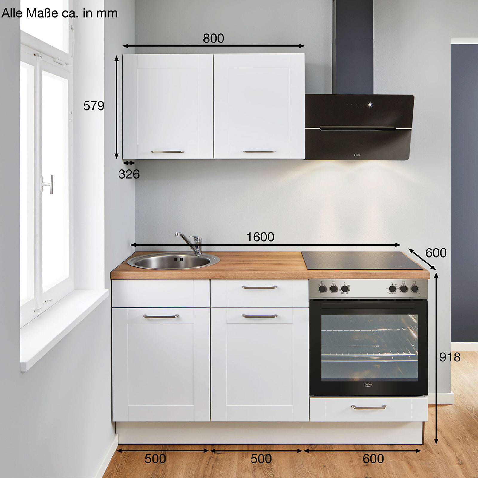Single-Miniküche - weiß matt-Honig Eiche - mit E-Geräten - 160 cm