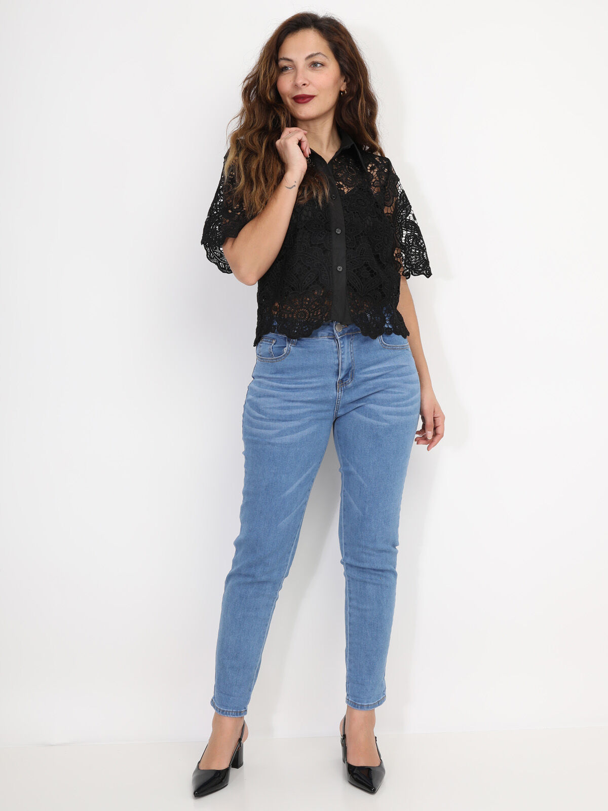 Chemise en dentelle crochet florale- Noir