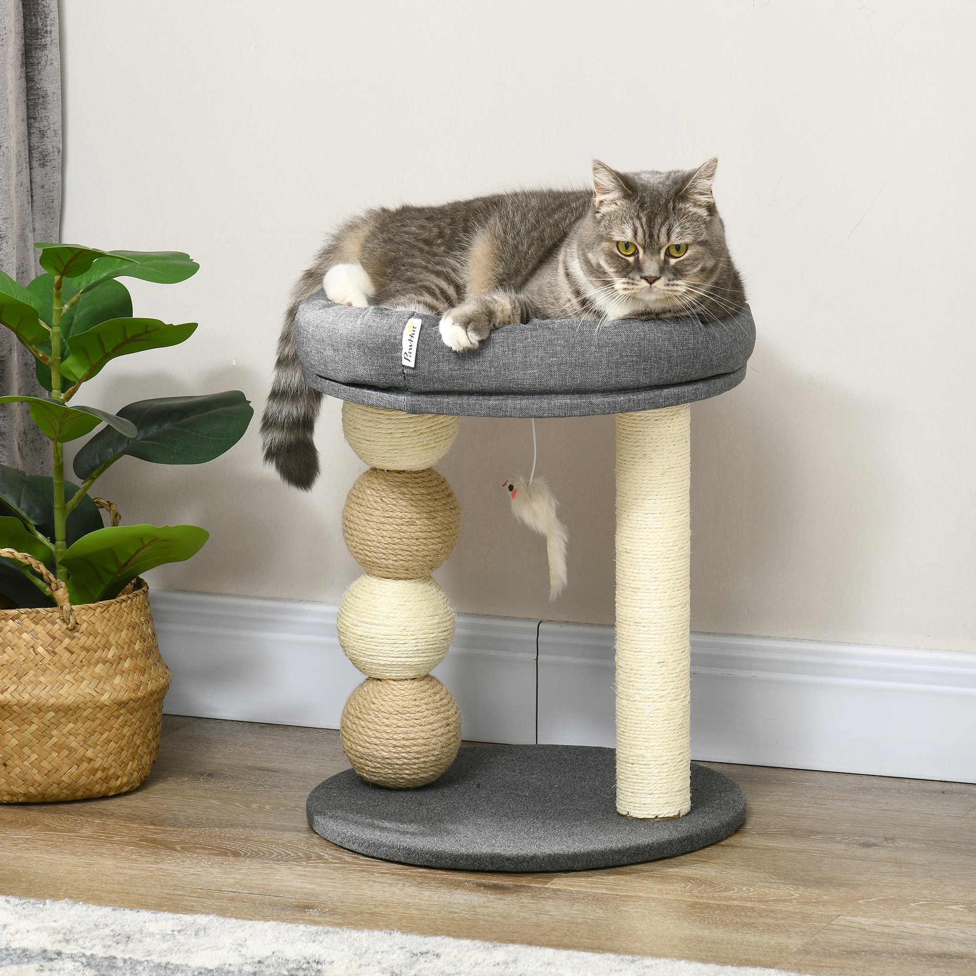 Arranhador PawHut para Gatos Pequenos, Torre para Gatos, Centro de Atividades para Gatinhos com Ninho, 4 Bolas e Poste de Sisal, Capacidade de Carga de 15 kg, Ø40x48 cm, Cinza e Bege