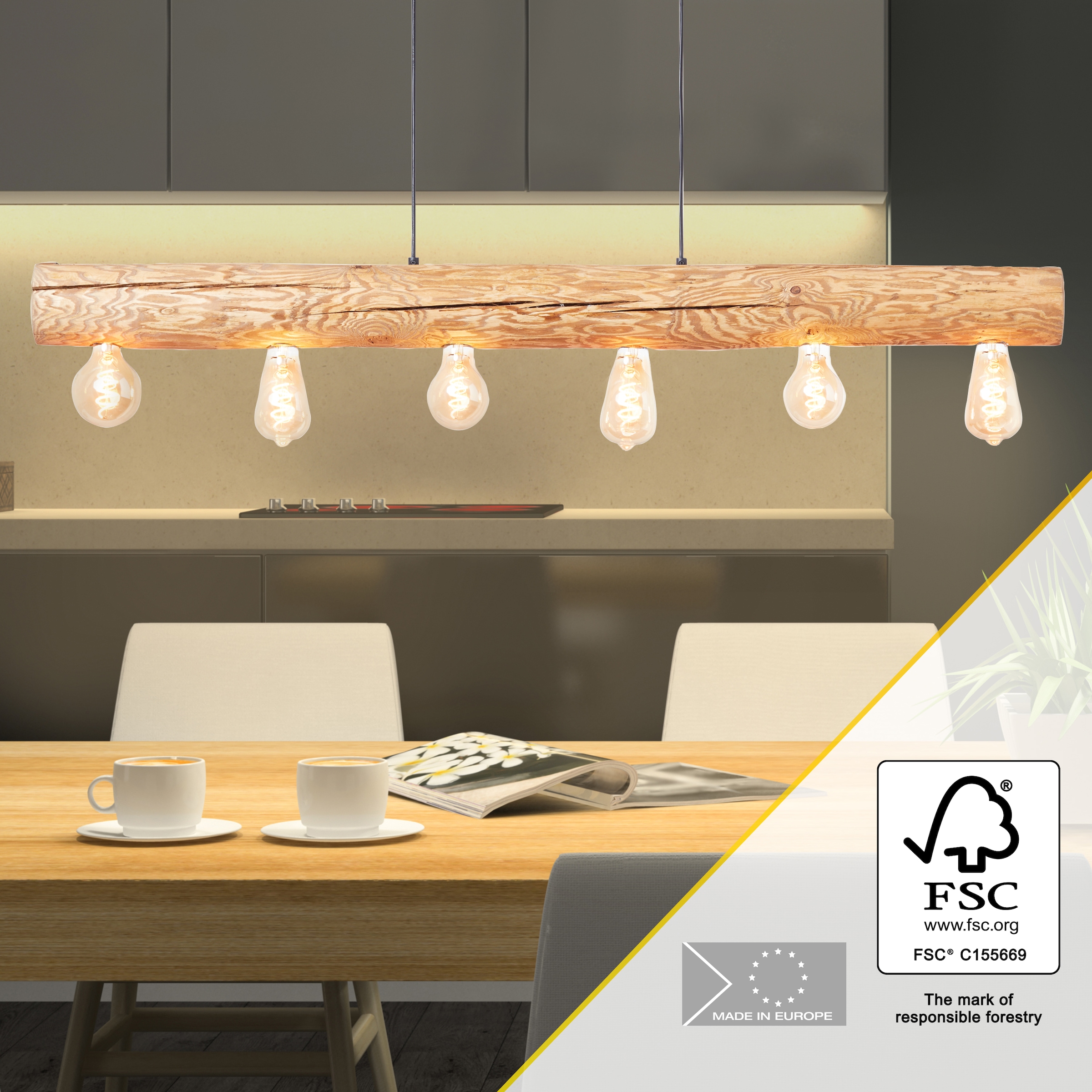 Brilliant Pendelleuchte »Trabo« E27 1 Stk. 105cm Höhe, 115cm Breite, 6x E27, kürzbar, Holz/Metall, kiefer gebeizt
