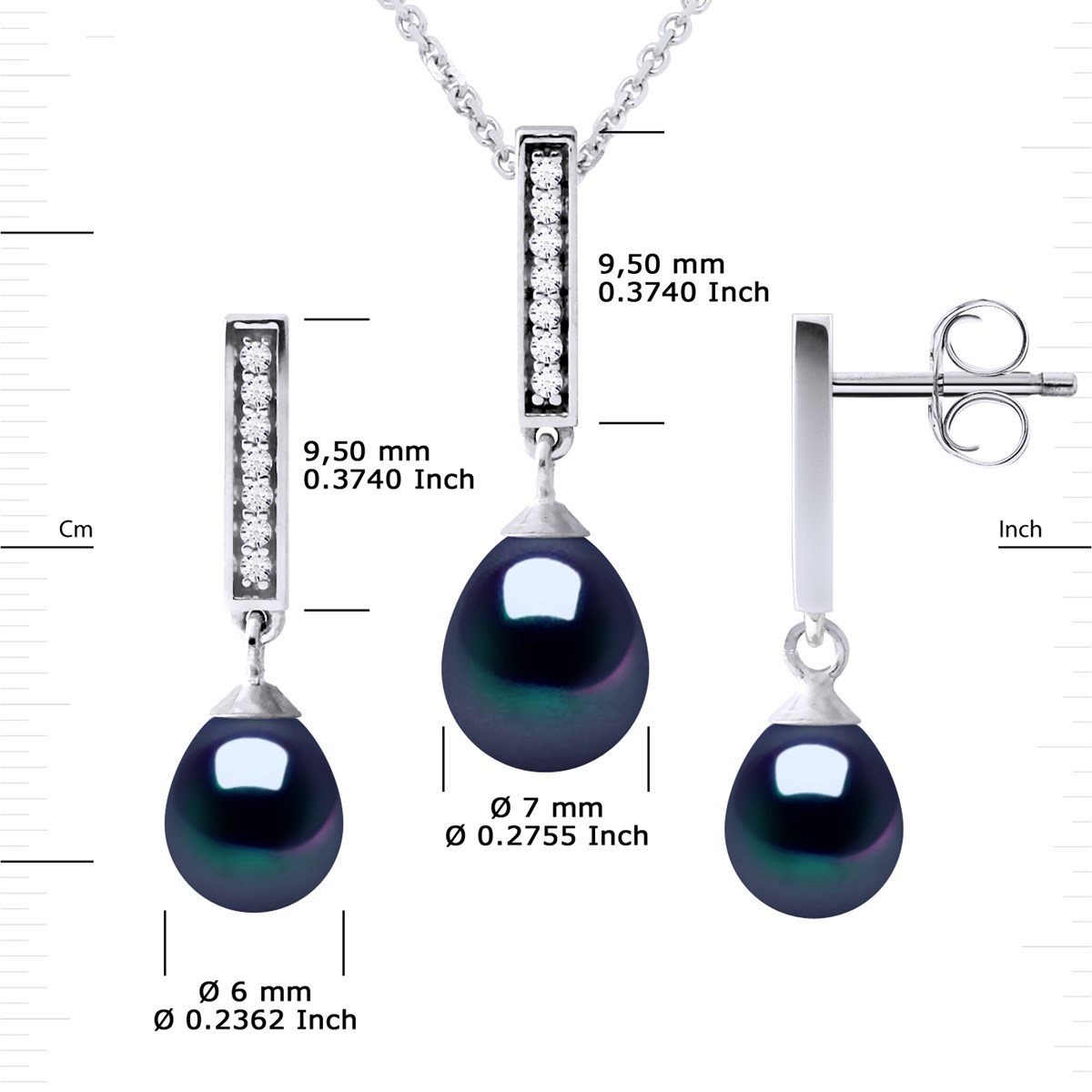 Parure MONTAIGNE Collier & Boucles d'Oreilles Pendantes Perles d'Eau Douce Noires Argent 925