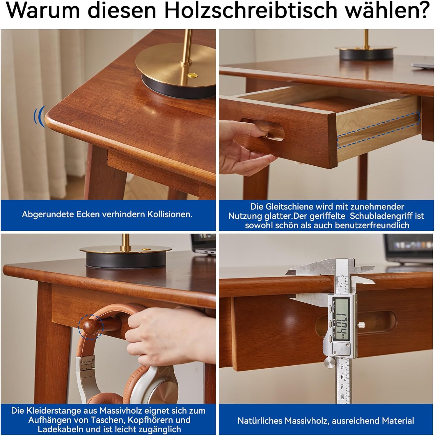 Schreibtisch aus Massivholz, Kleiner Bürotisch mit Schubladen, 100 x 50 x 75 cm, Computertisch mit Stauraum und Kleiderstange für das Home Office, Rustikales Braun YD-WD01H