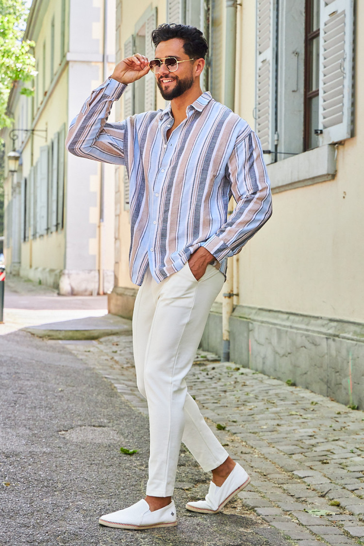 Chemise en maille de coton rayée beige