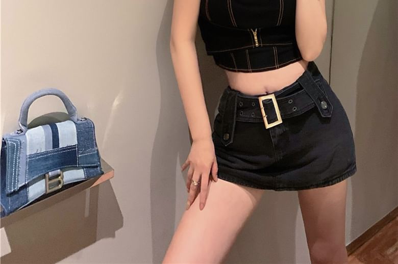 Lexama - Halter denim cropped camisole top / kokerrok