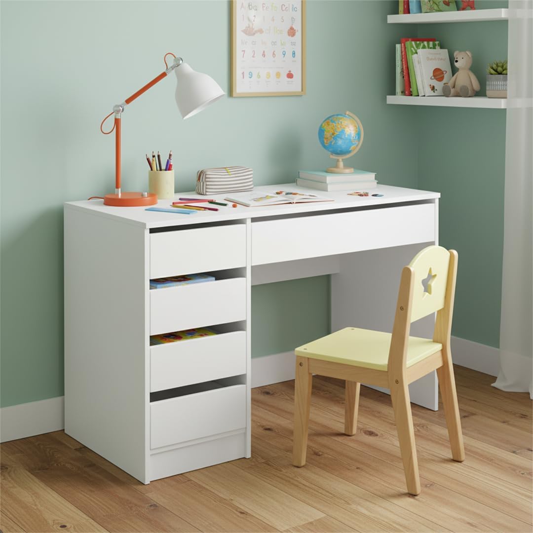 Bellabino Nore Kinderschreibtisch in Weiß mit 5 Schubladen - Jugendschreibtisch 110x53 cm - Schreibtisch Kinder ab 6 Jahren - Schülerschreibtisch mit Schubladen beidseitig montierbar für Kinderzimmer