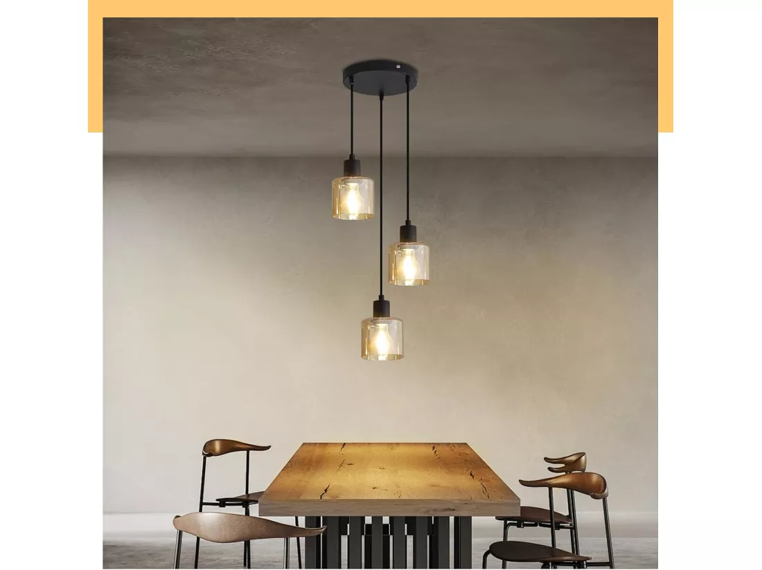 NETTLIFE Suspension Table à Manger Lampe Suspendue Vintage 3 Ampoules Lampe de Table à Manger Suspendue E27 Métal Noir Rétro Industriel
