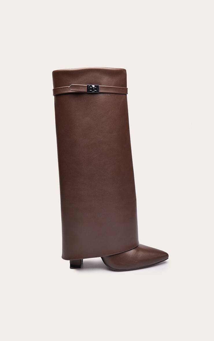 Chocolat Bottes Hautes Au-dessus Du Genou À Bout Pointu Avec Revers Et Talon Bloc Coupe Large