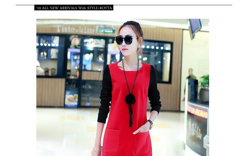 Enpheriado - Mock Two-Piece Long-Sleeve Two-Tone Mini A-Line Dress