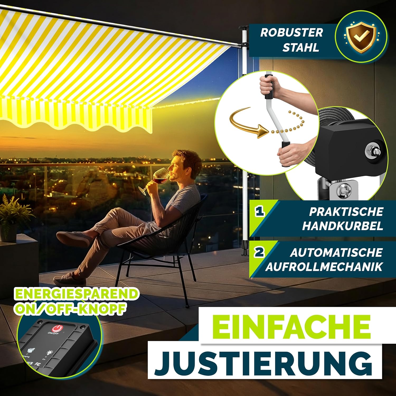 tillvex Klemmmarkise mit Handkurbel & LED Lichterkette Balkon | Balkonmarkise ohne Bohren | Markise UV-beständig & höhenverstellbar | Sonnenschutz Terrasse & Garten wasserdicht (Gelb-Weiß, 250cm)