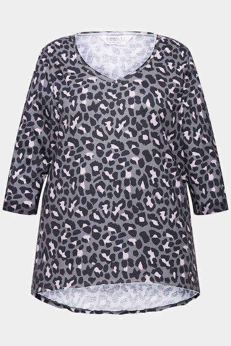 T-Shirt, A-Linie, Leo-Print, V-Ausschnitt, 3/4-Ärmel