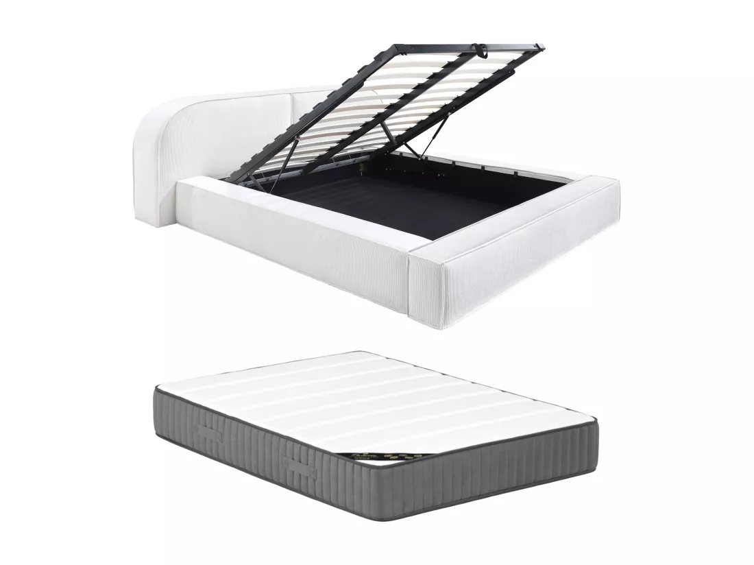Lit coffre 180 x 200 cm - Velours côtelé - Crème - Avec matelas - LIRABA de Maison Céphy