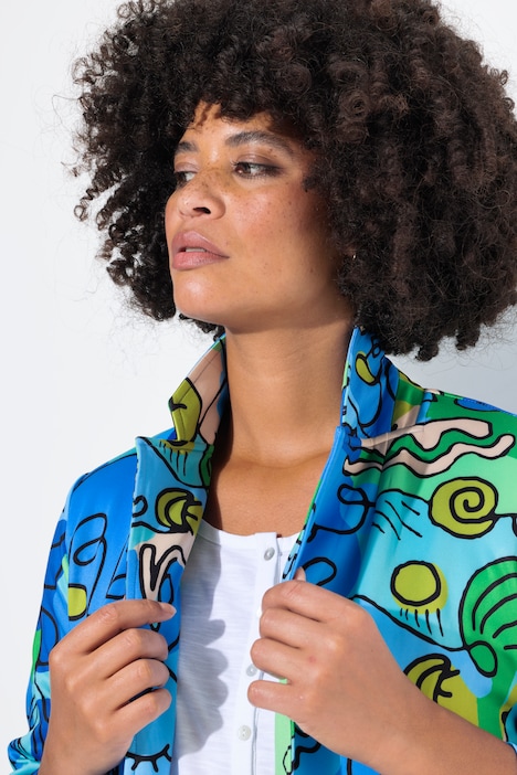 Blazer, Gesichterdruck, offene Form, 3/4-Ärmel