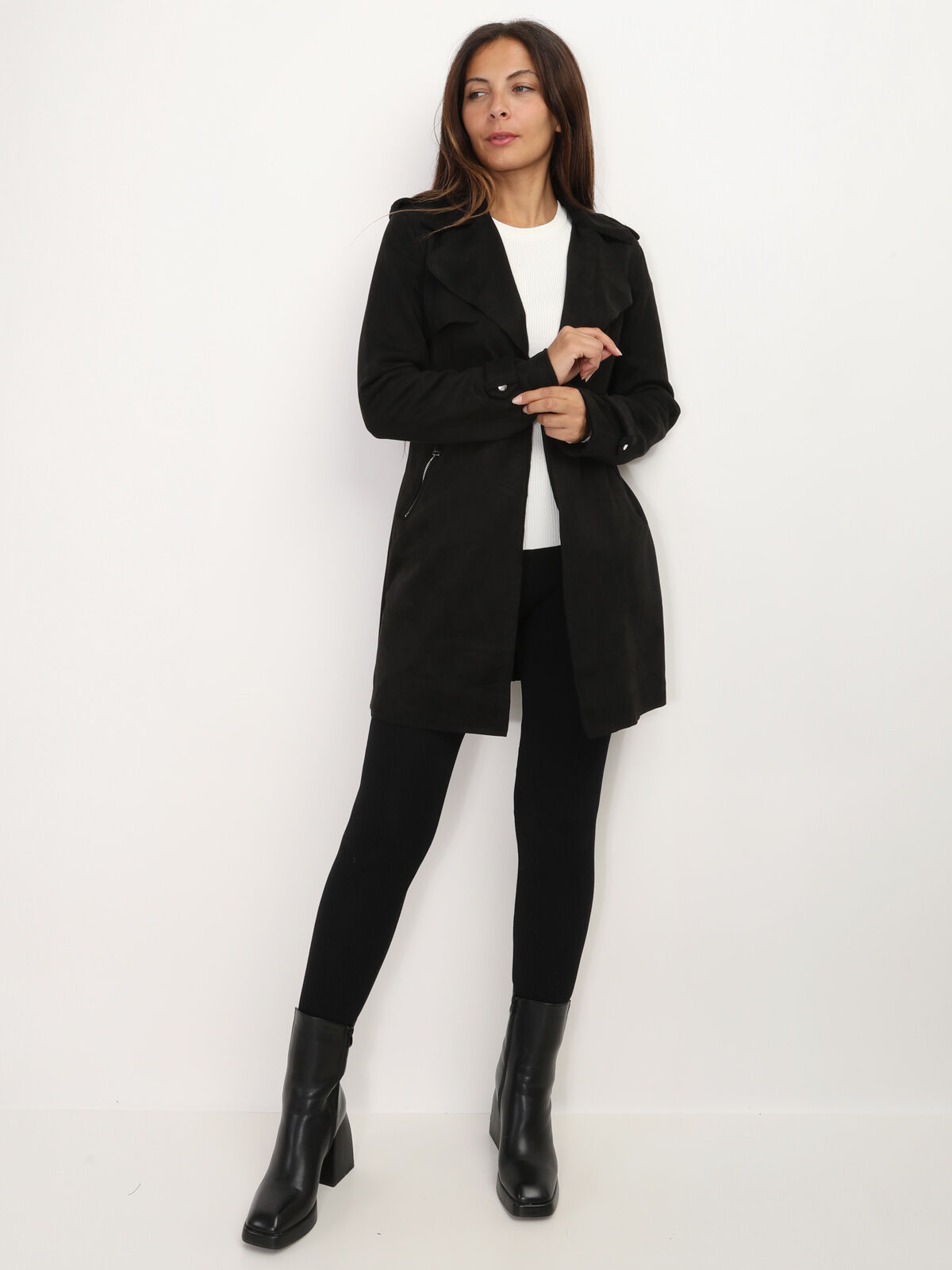 Veste mi-longue ceinturée en suédine- Noir