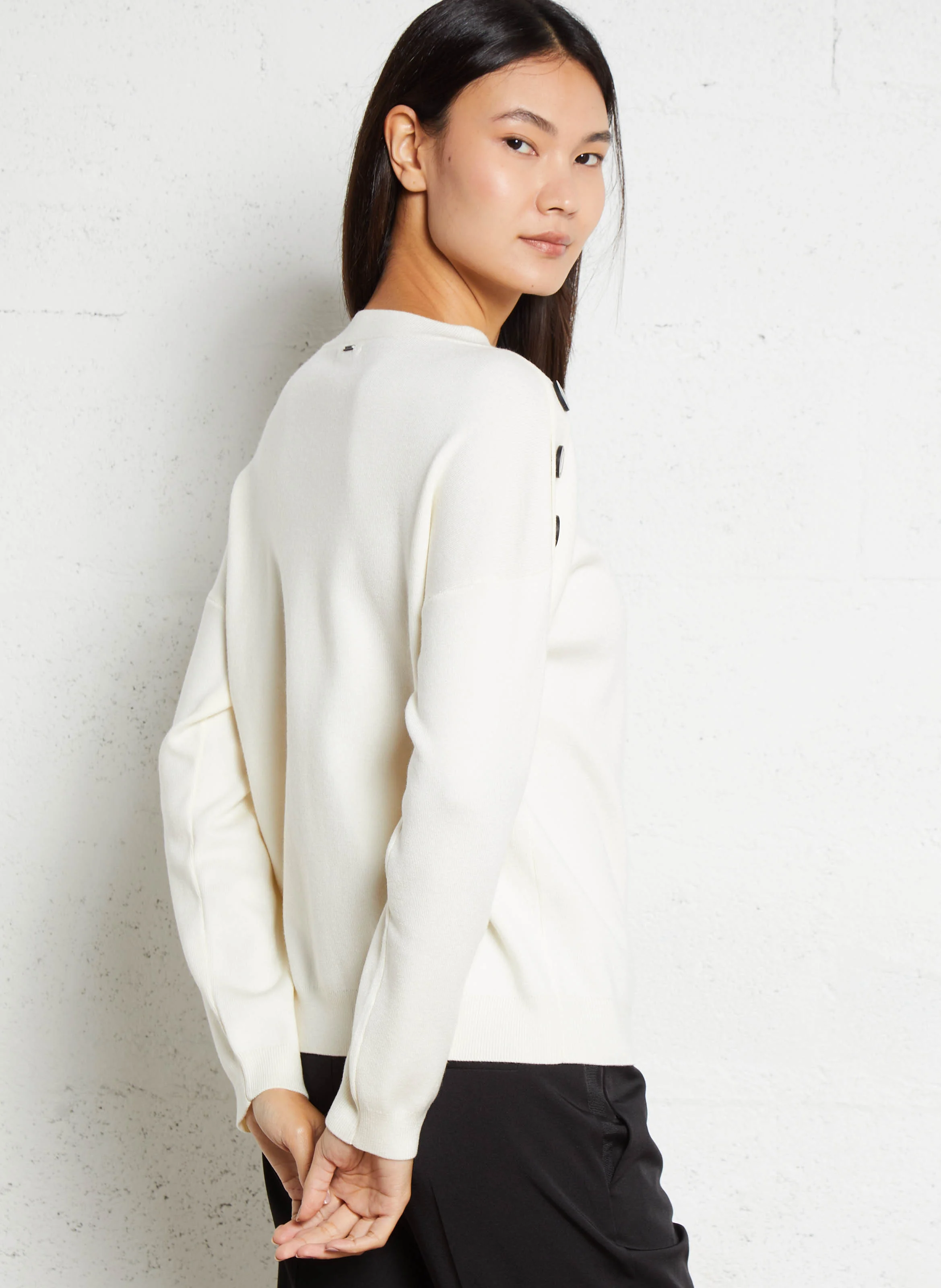 Pull droit col rond en maille mélangée | Blanc