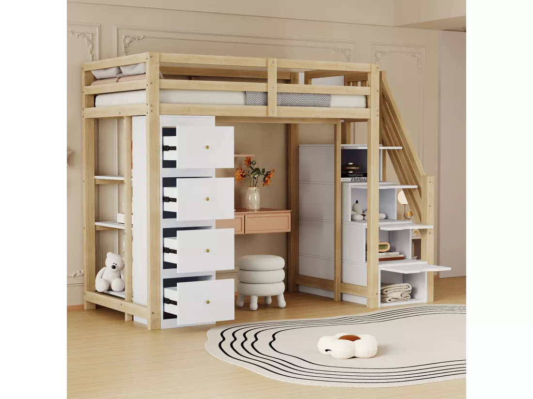 Lit mezzanine 90 x 200 cm avec 4 tiroirs, 4 portes et étagères de rangements - Bois massif + MDF - Sommier à lattes - Naturel + blanc